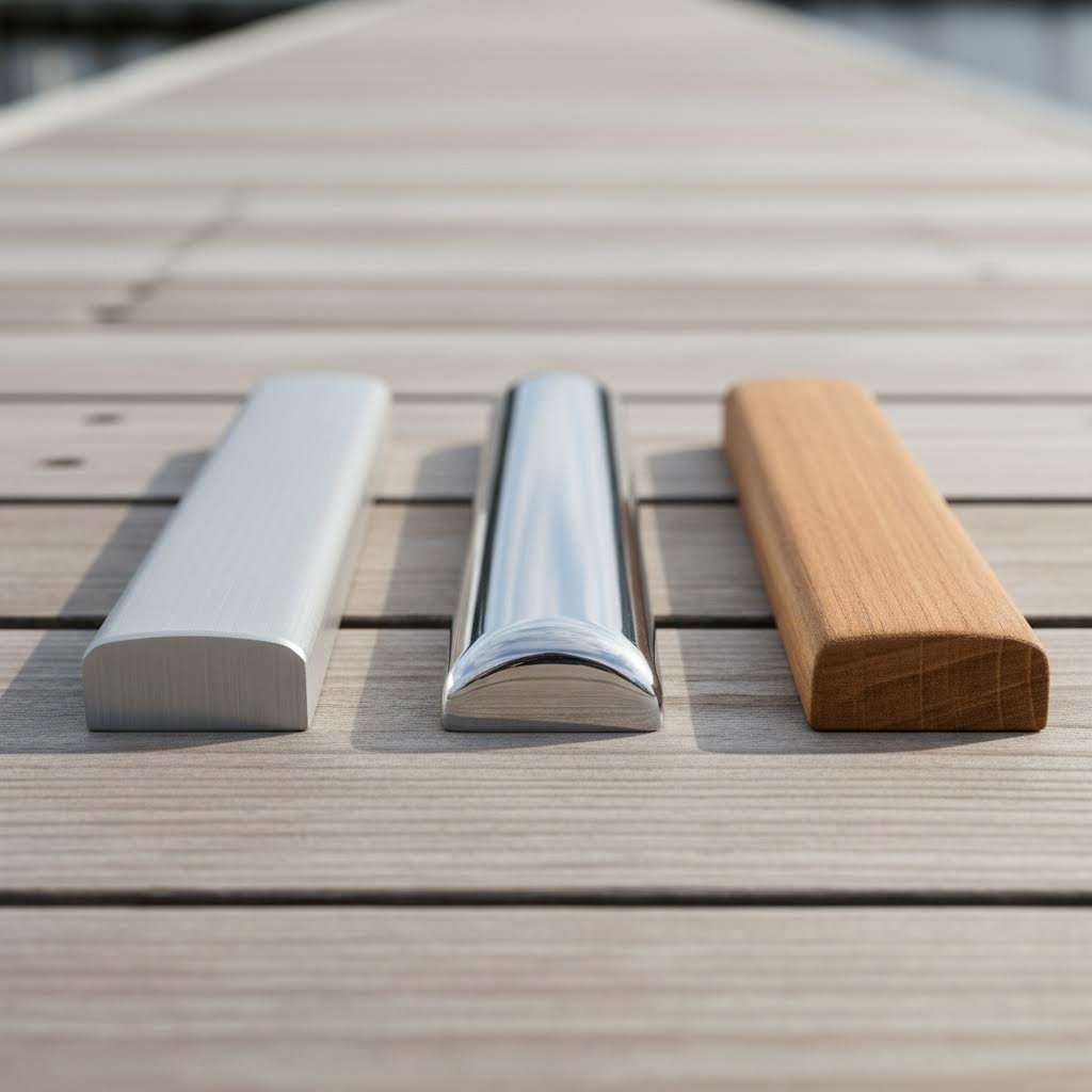 material comparison showing aluminum stainless steel and teak toe rail options