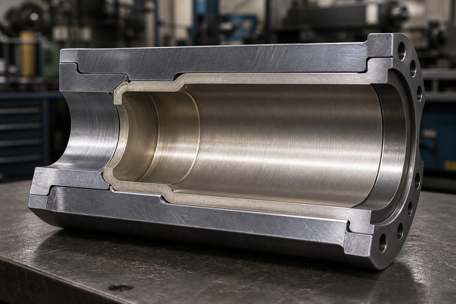 cross section of a bimetallic barrel showing the centrifugally cast alloy lining bonded to the steel outer shell for enhanced wear resistance