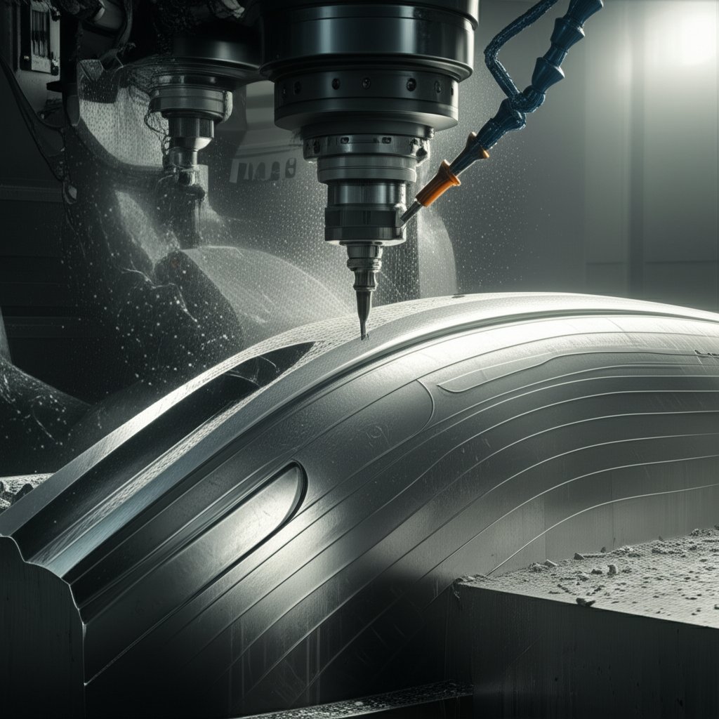 artistic rendering of a 5 axis cnc machine creating a boat hull part