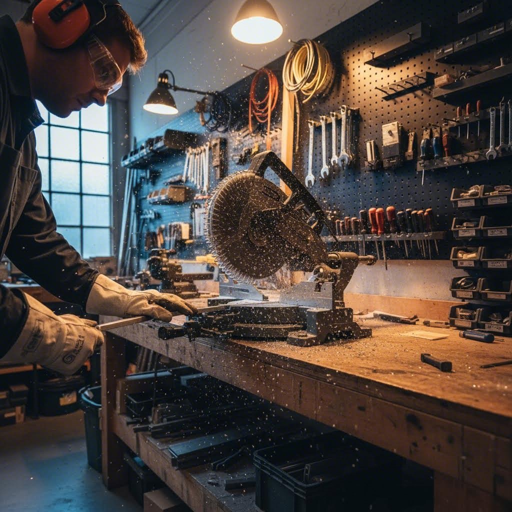 cutting aluminum angle with a miter saw using proper technique and safety equipment