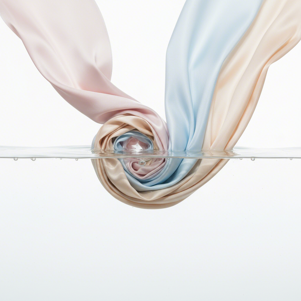 a conceptual image of delicate satin fabric being gently washed