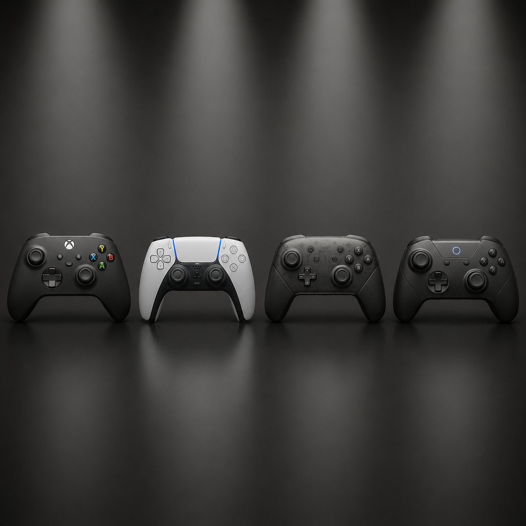 xbox playstation switch pro and generic controllers lined up to represent delta force compatibility across pad types