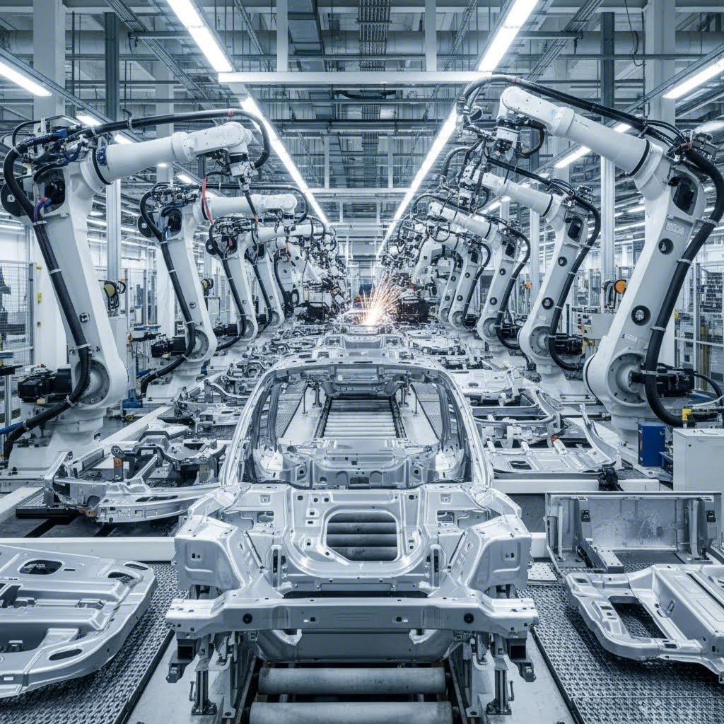 automotive manufacturing line featuring precision sheet metal chassis and body components