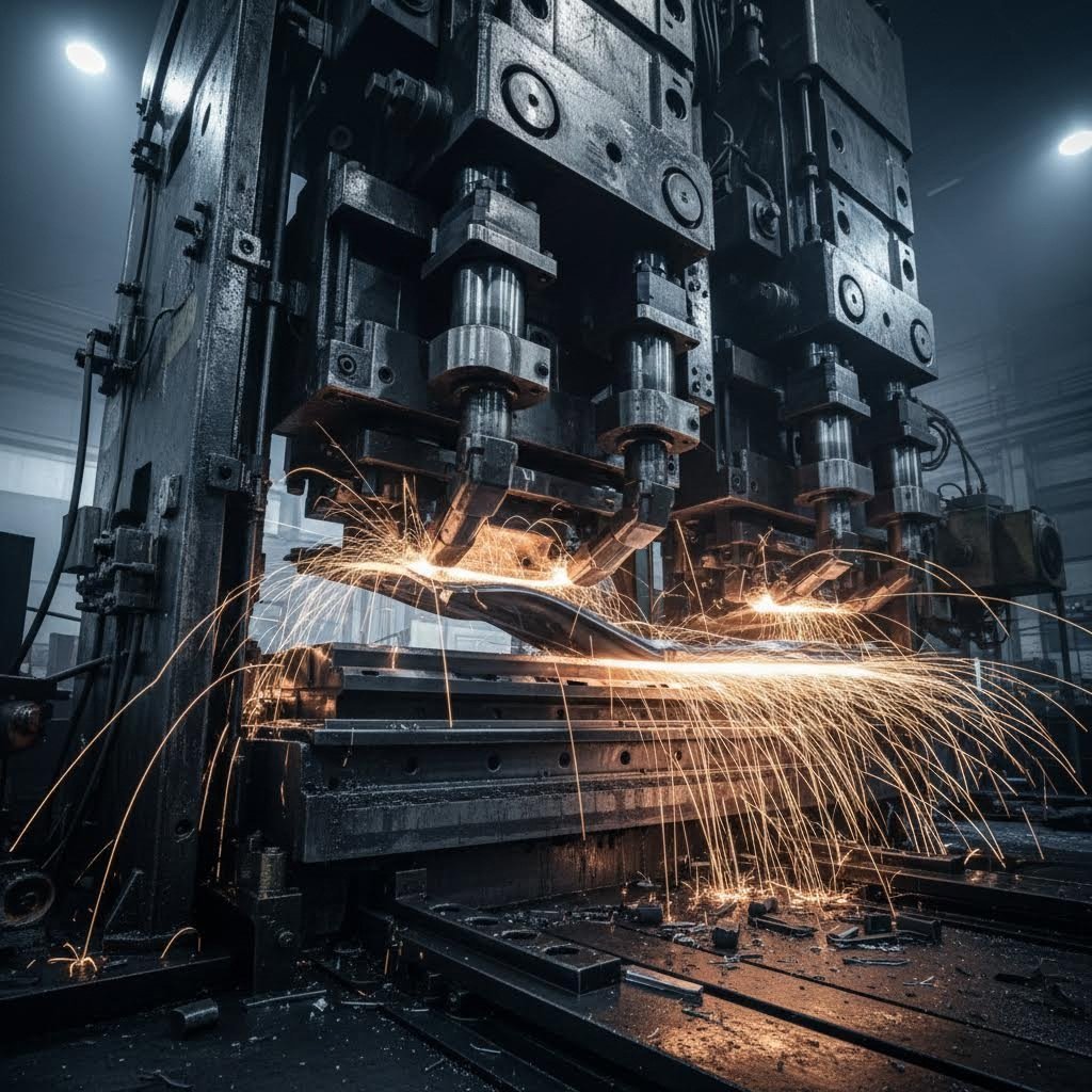 transfer die stamping press with mechanical grippers moving parts between independent forming stations