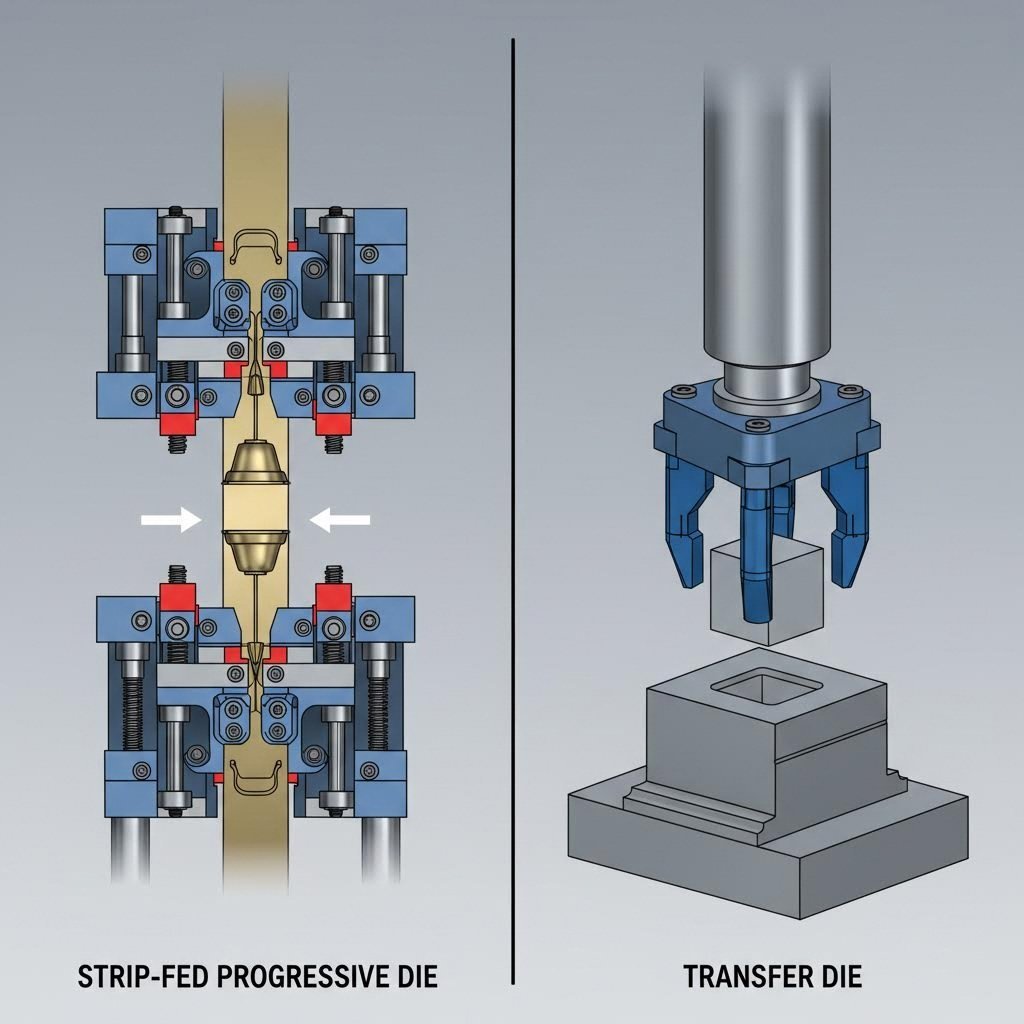 visual comparison of progressive die strip attachment versus transfer die free state handling