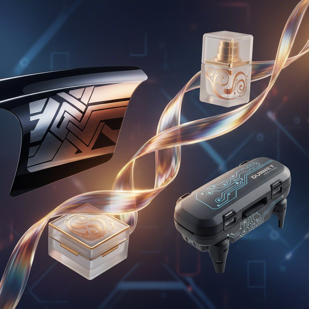 an abstract illustration of hot stamping applications across automotive packaging and electronics industries