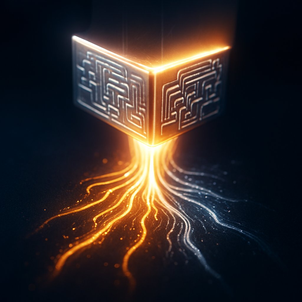 conceptual art of a heated die transferring a glowing design representing hot stamping technology