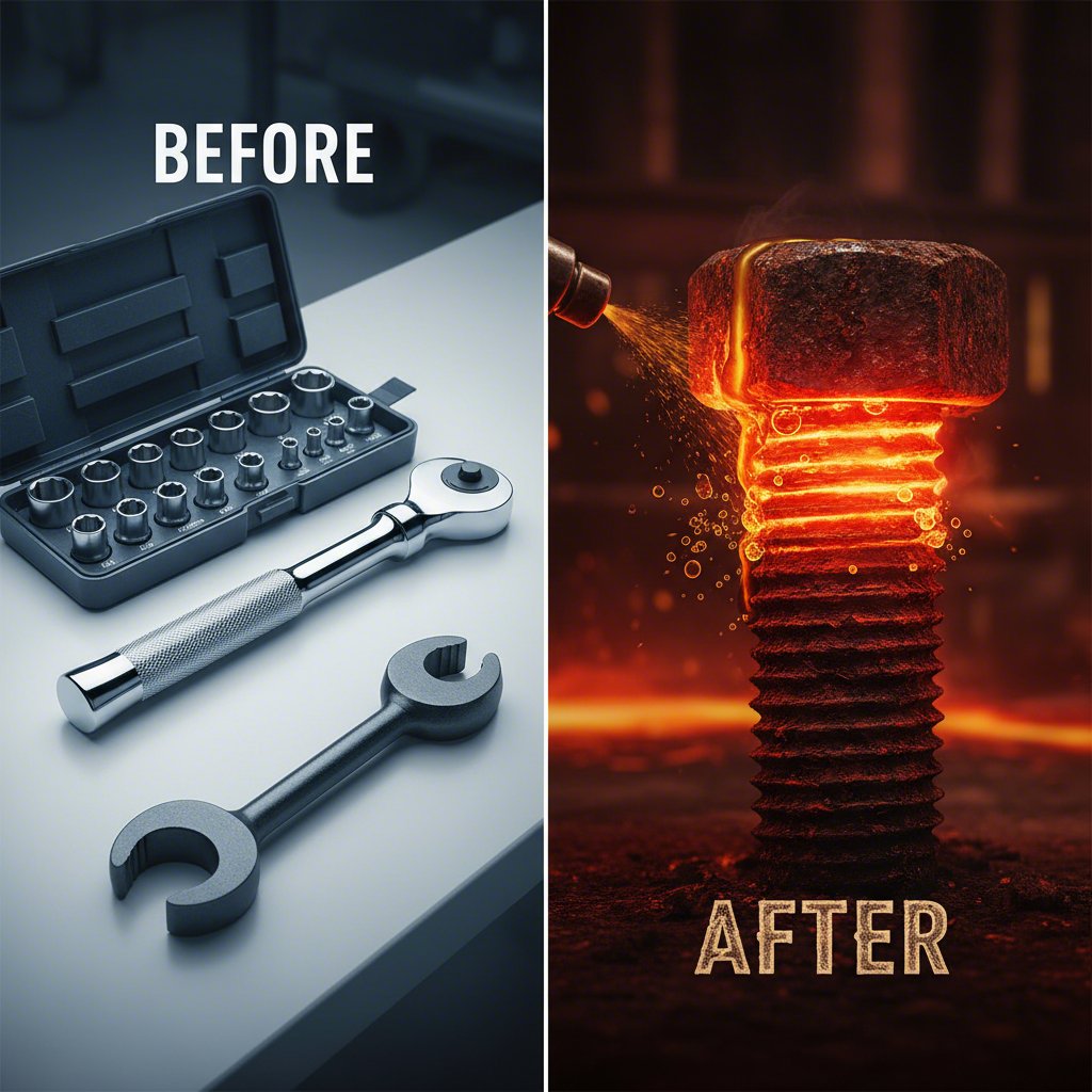 an illustration comparing the necessary tools against the common challenge of a rusted bolt