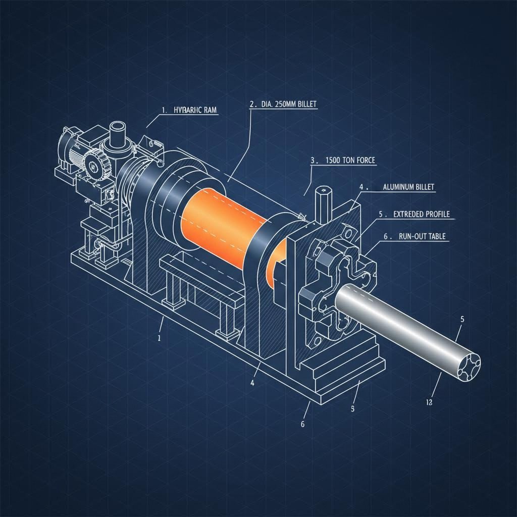 cross section view of aluminum billet being pushed through extrusion die