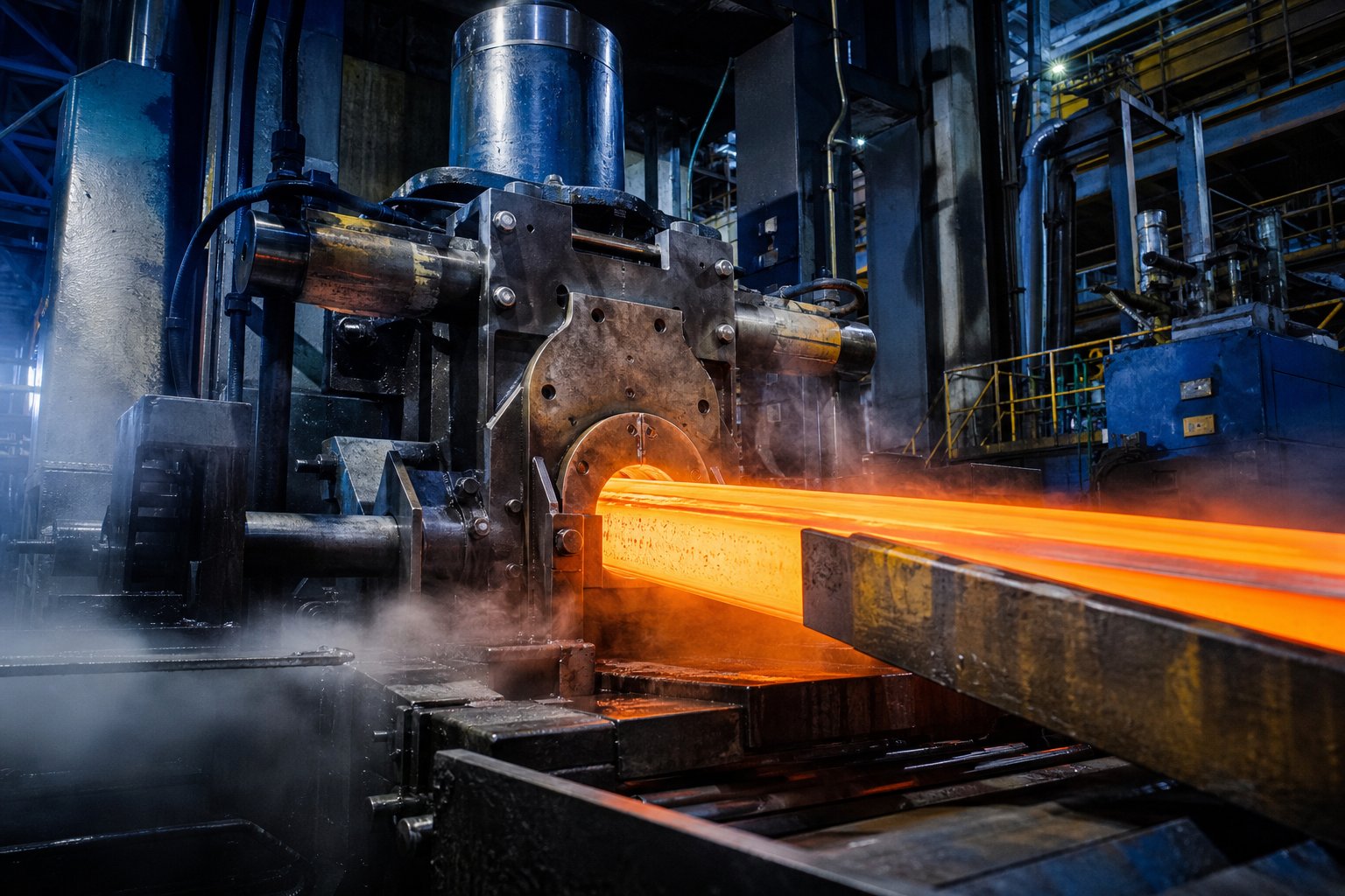 industrial aluminum extrusion press forcing heated billet through precision die