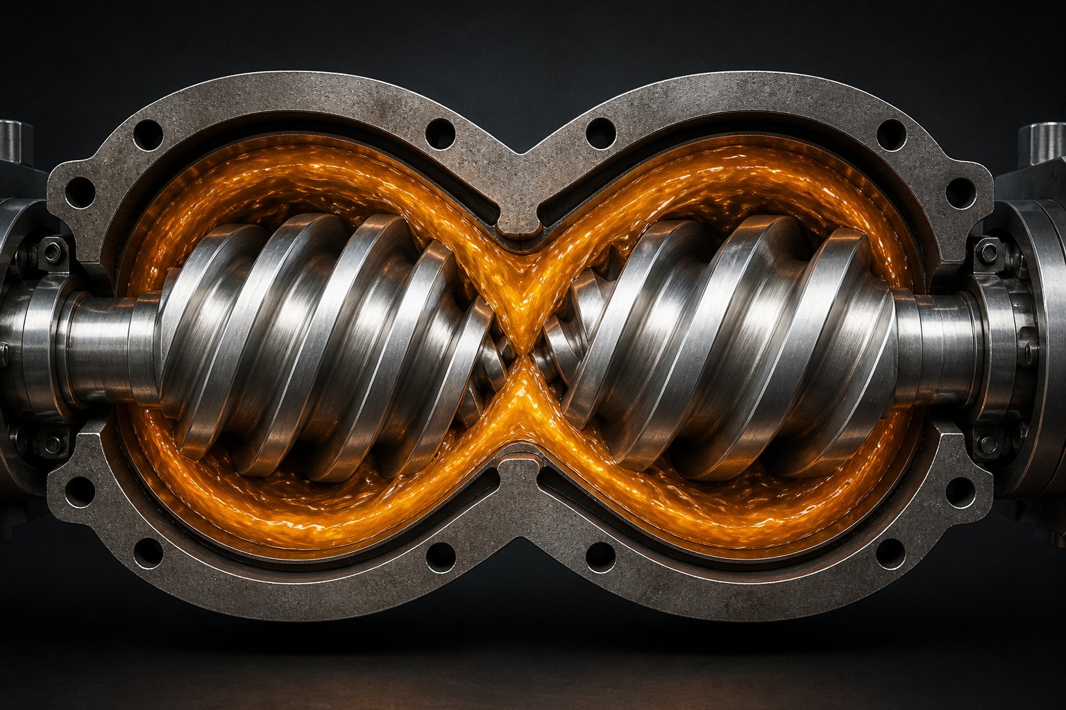 cutaway view showing material following a figure eight flow path between co rotating intermeshing twin screws inside the barrel