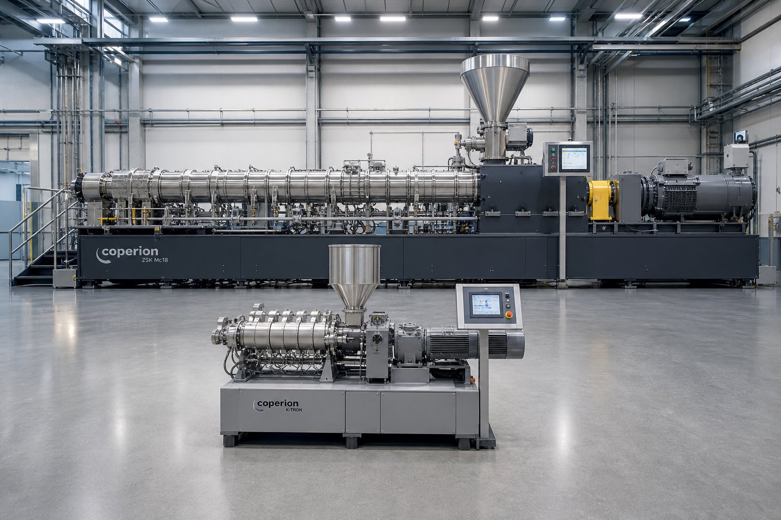 laboratory and production scale twin screw extruders illustrating the scale up pathway from r&d to full manufacturing