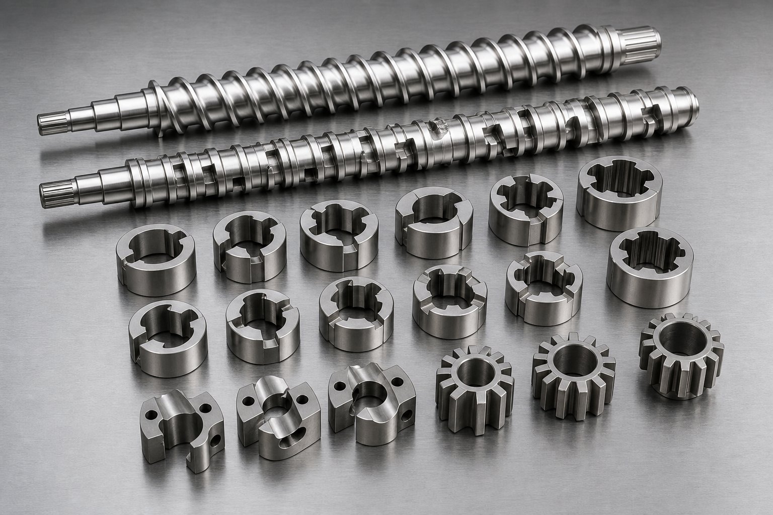 modular screw elements including conveying flights kneading blocks and gear mixing elements used to customize twin screw extruder profiles