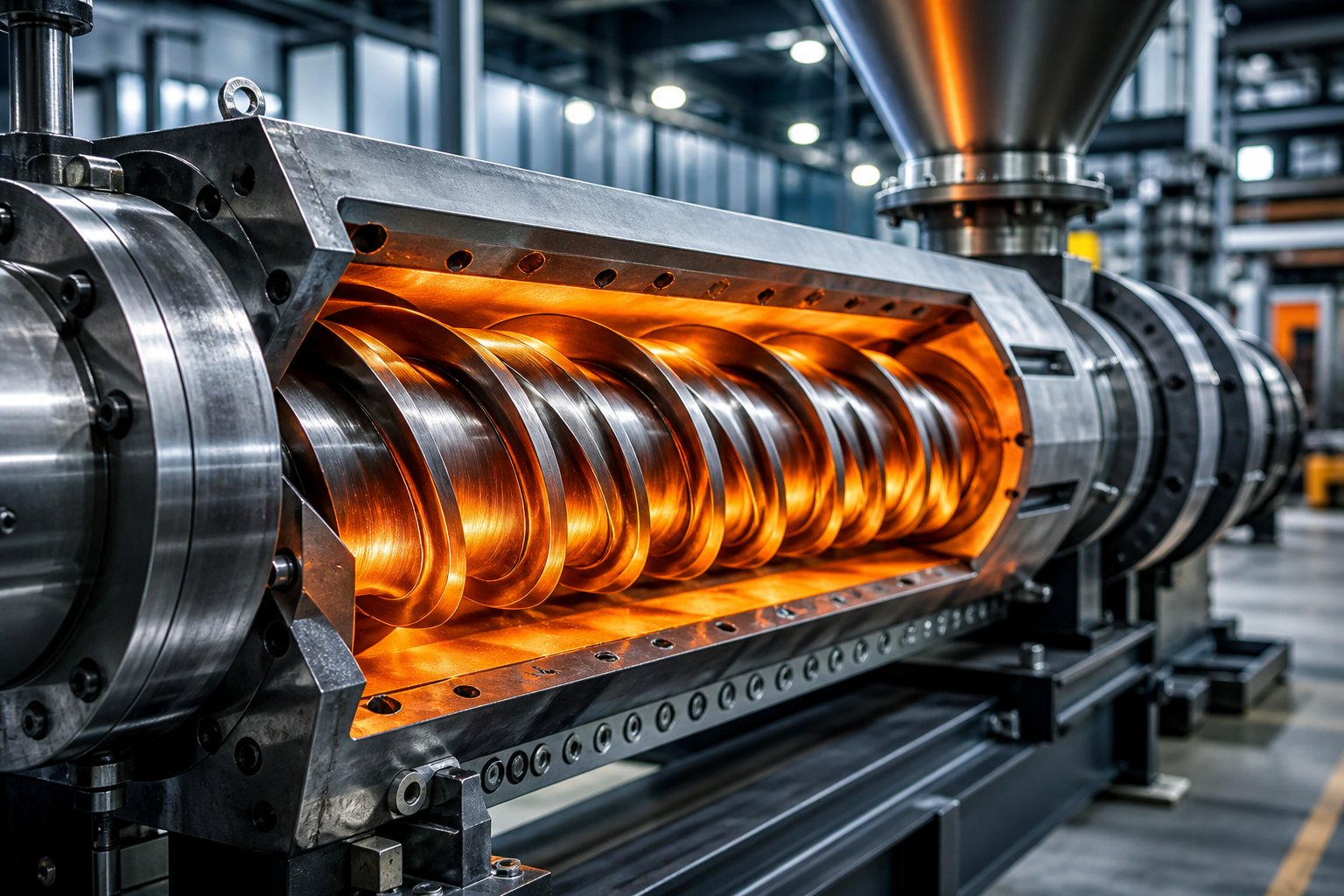 twin screw extruder with intermeshing screws visible inside the figure eight barrel bore during polymer processing