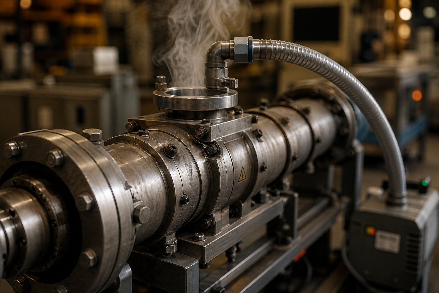 vacuum vent port on a twin screw extruder barrel section removing volatiles and moisture from the polymer melt