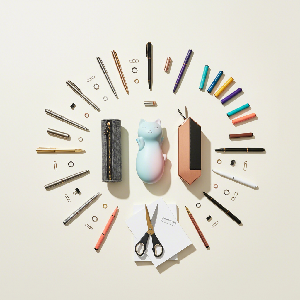 an artistic flat lay of different styles of standing pencil cases for various needs