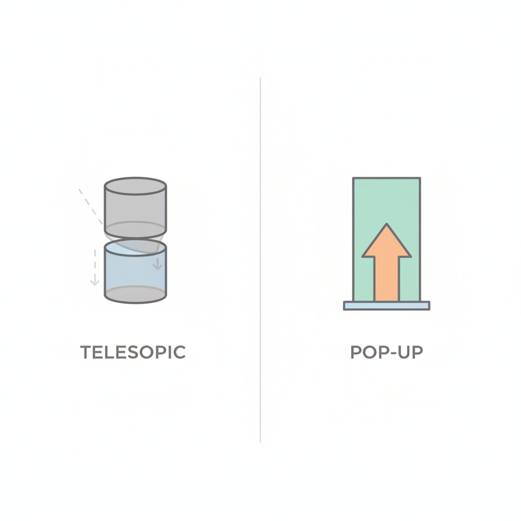 diagram comparing the telescopic and pop up mechanisms of standing pencil cases