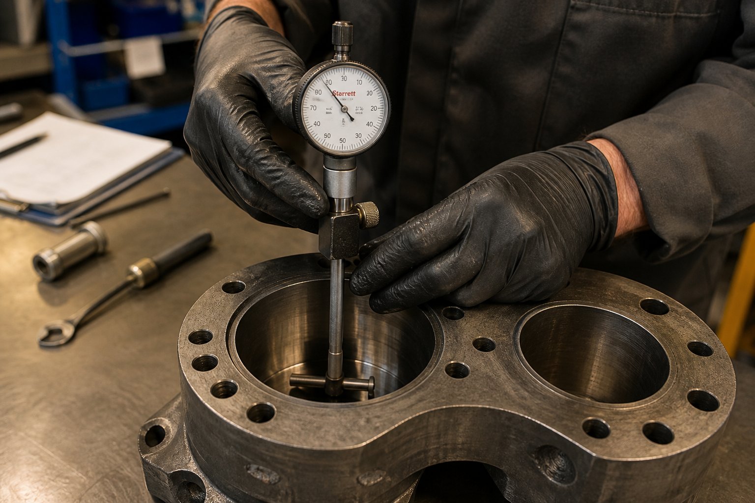 bore gauge measurement of a twin screw extruder barrel during routine wear inspection