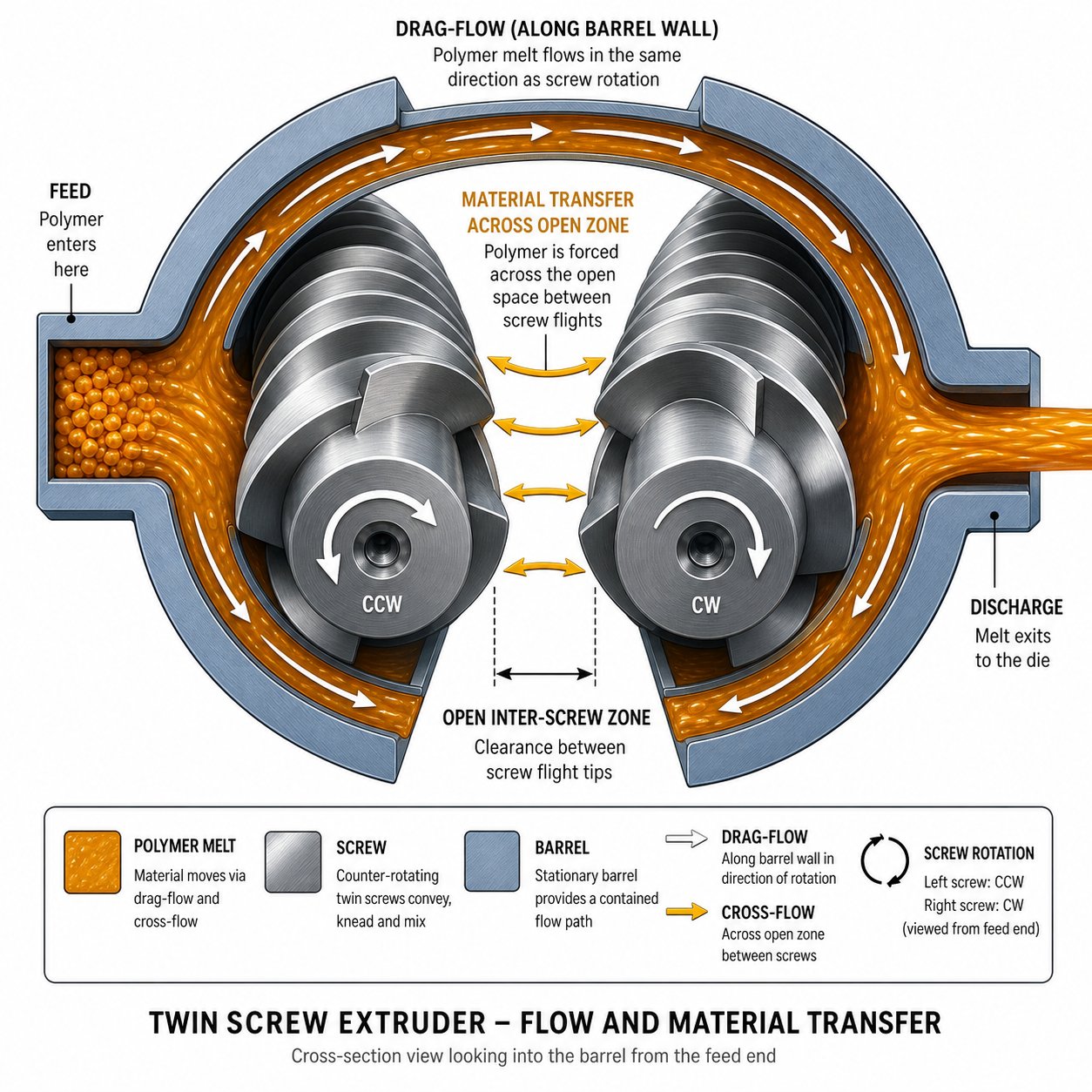 cross section view showing drag flow material transport and open channel transfer between non intermeshing twin screws