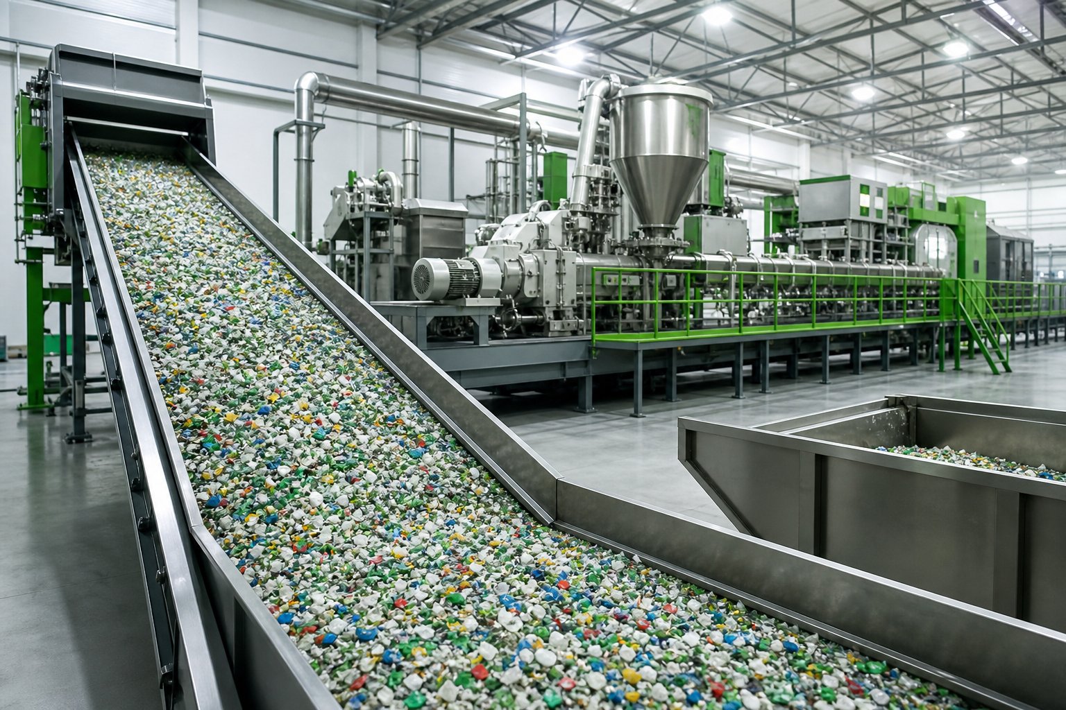 modern recycling facility where non intermeshing twin screw extruders process variable recycled polymer feedstocks