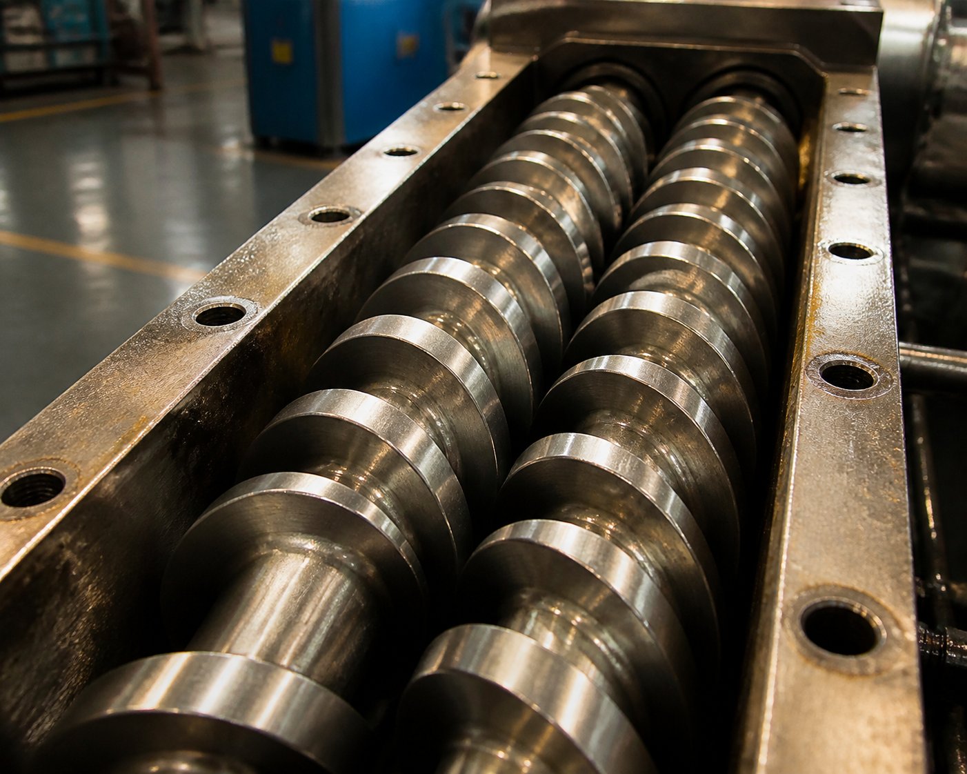 two parallel screws inside a non intermeshing twin screw extruder barrel showing the characteristic gap between flights