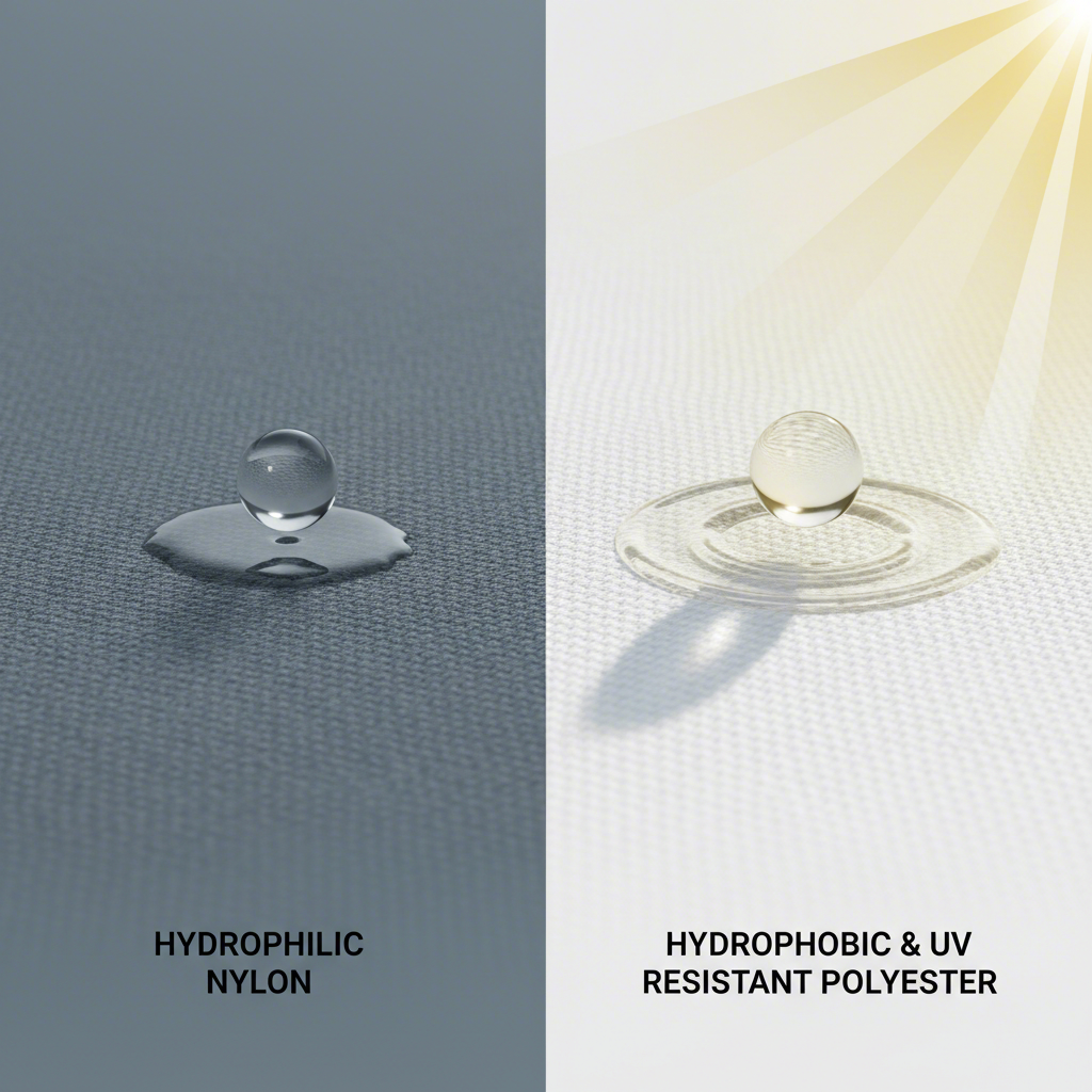 an artistic representation of how polyester repels water and resists sun while nylon absorbs moisture