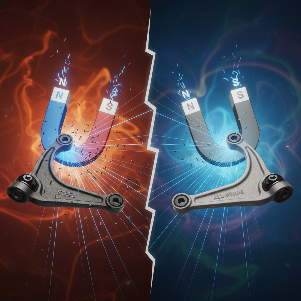visual comparison of stamped steel and aluminum control arms using a magnet