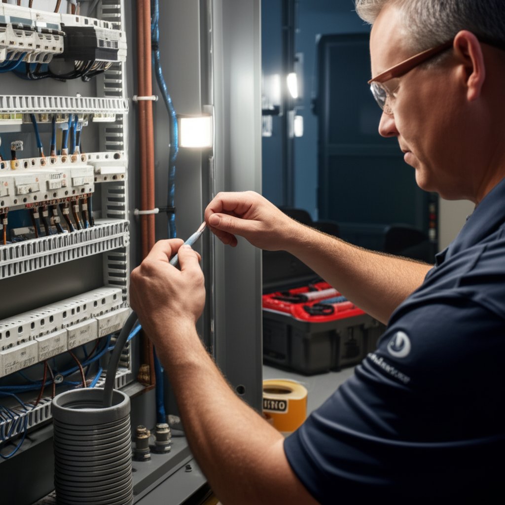 electrician installing 2 awg aluminum wire in a residential panel with proper cable management