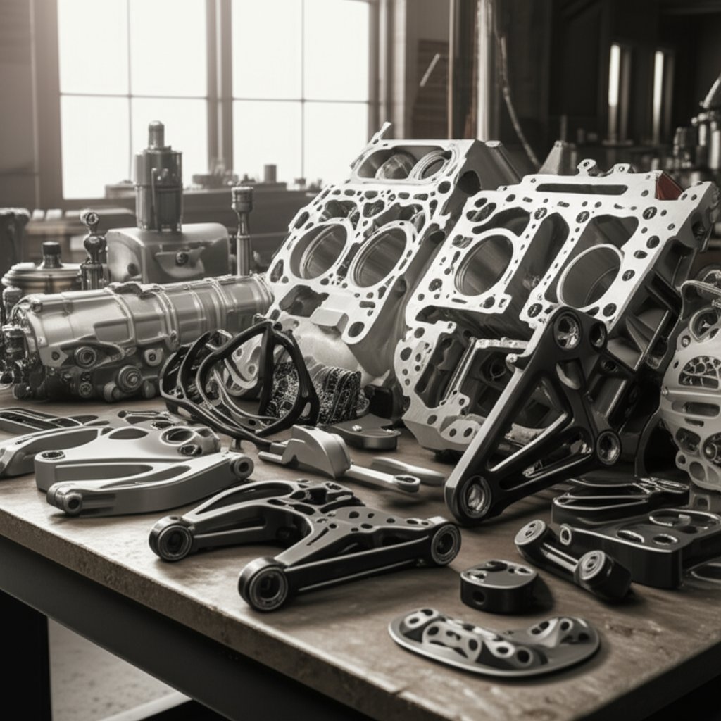 variety of cnc machined car parts displayed in an automotive workshop