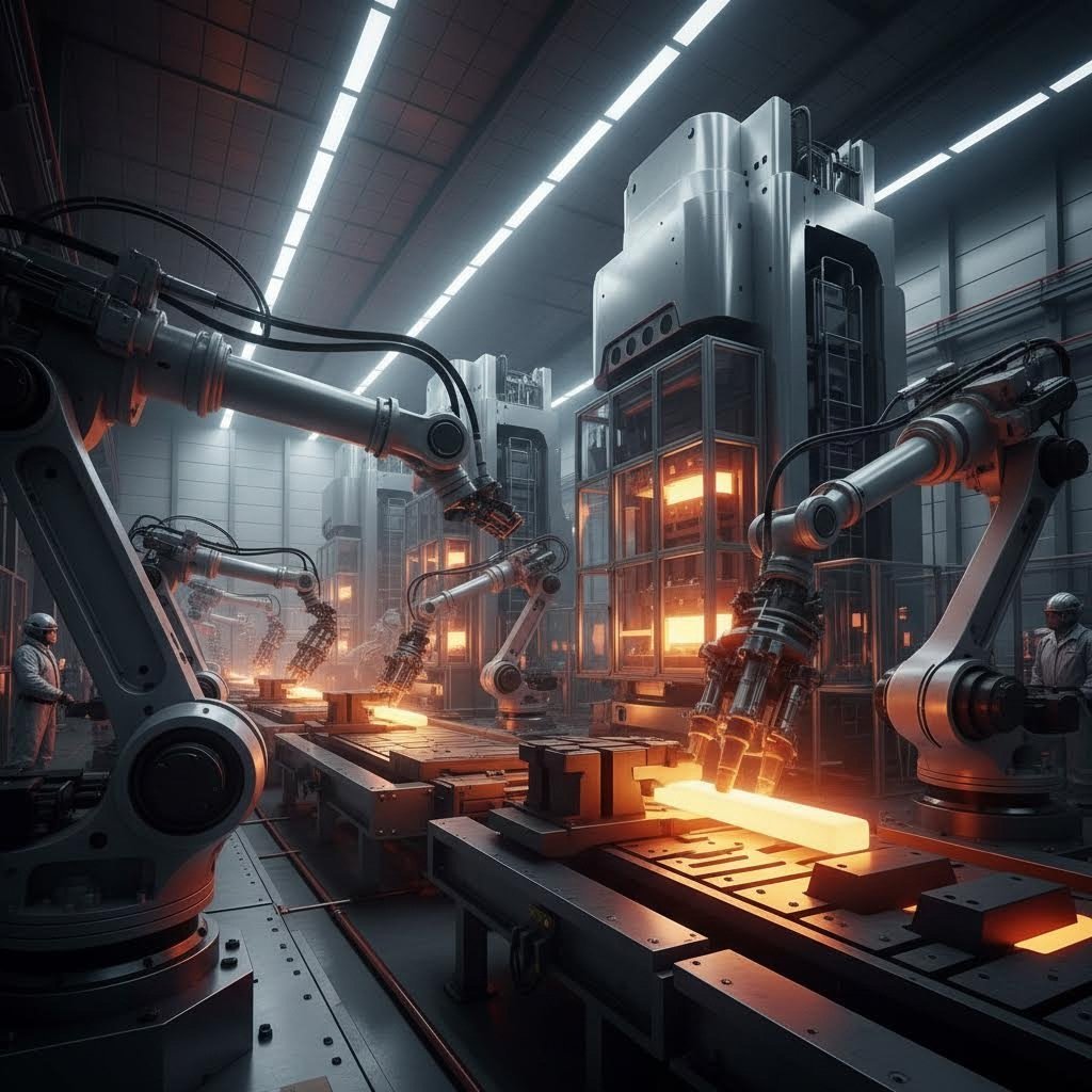 automated hot forging production line demonstrating high volume manufacturing efficiency