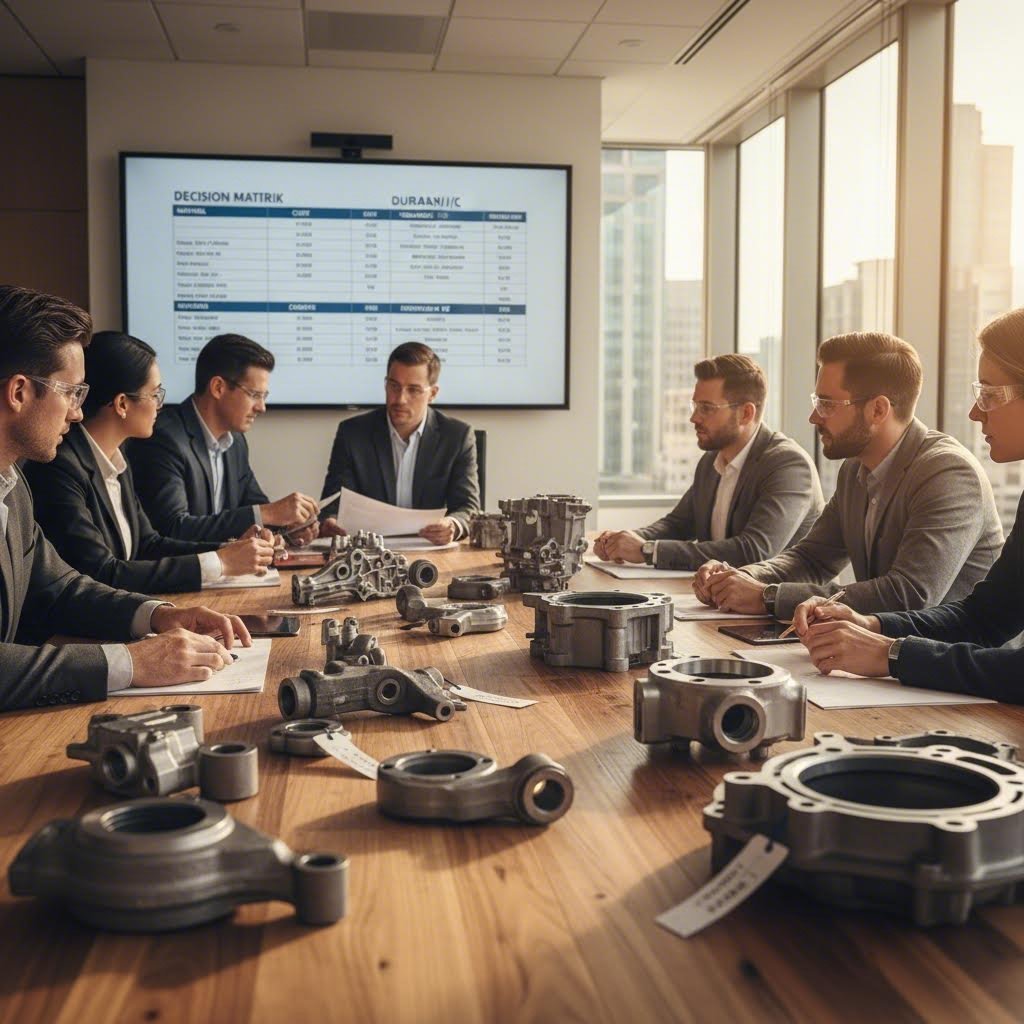 engineering team evaluating forged and machined component samples for manufacturing process selection