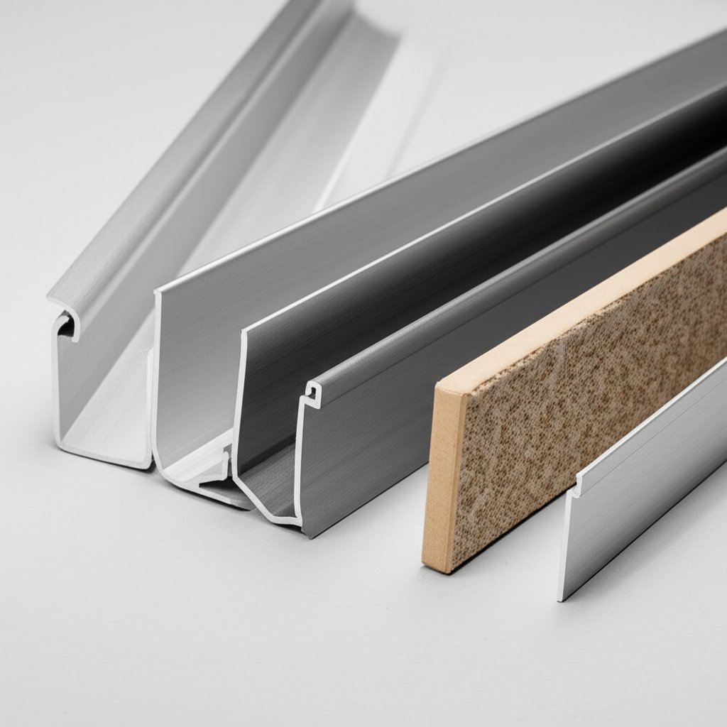 common aluminum edge trim profiles displayed with matching substrates