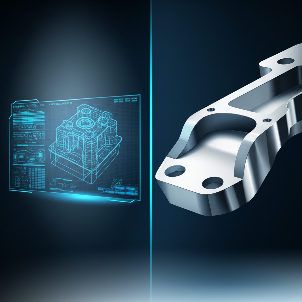 visual representation of turning a digital cad design into a physical machined part