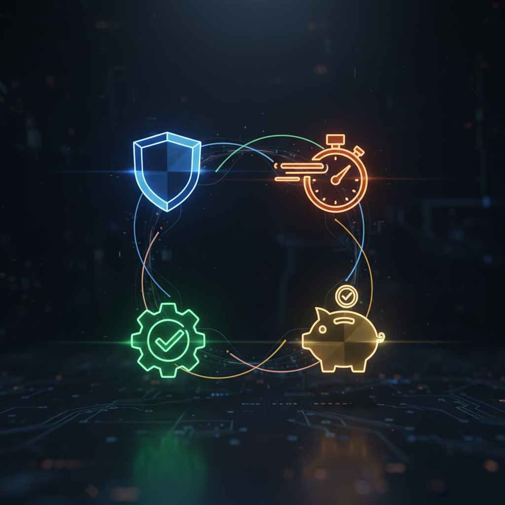 symbolic representation of the key benefits of automation in manufacturing safety speed quality and cost savings