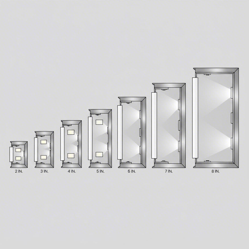 cross section comparison of sign cabinet depths showing light distribution