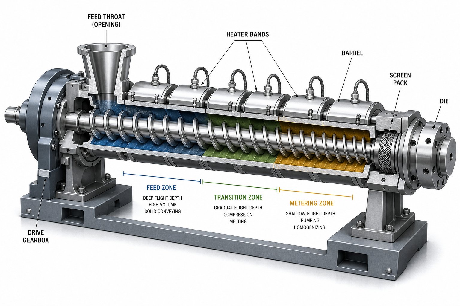 cutaway view of a screw and barrel assembly showing the three functional zones