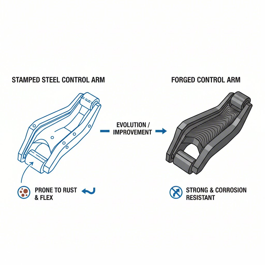 diagram illustrating the structural differences between stamped and forged control arms