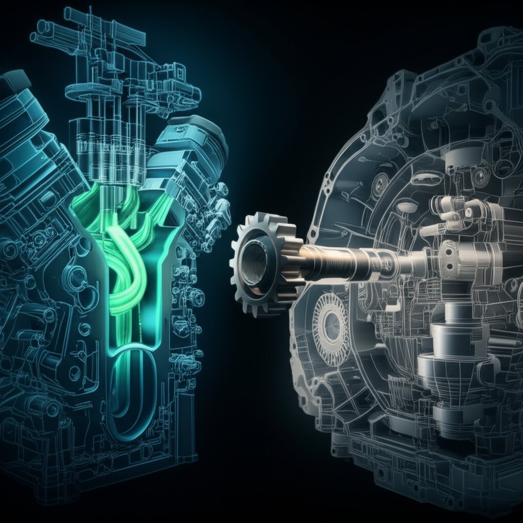 technical blueprints contrasting a complex engine block with a thin walled housing