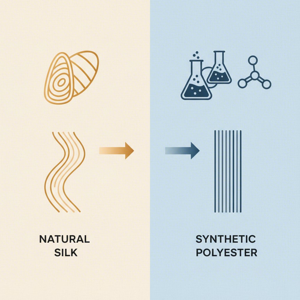 diagram showing the natural origin of silk versus the synthetic origin of polyester