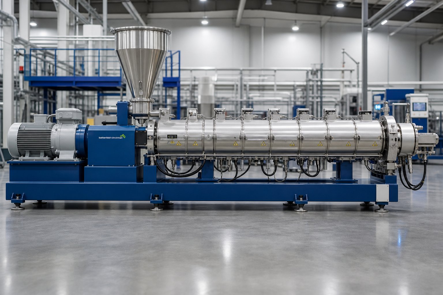 complete single screw extrusion machine showing key components from hopper to die head in an industrial production environment