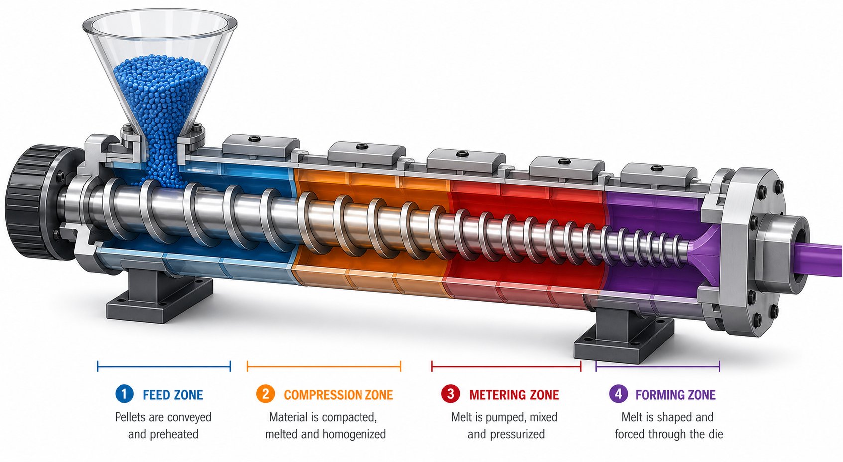 cutaway view of an extrusion barrel illustrating the four primary process zones and decreasing screw flight depth