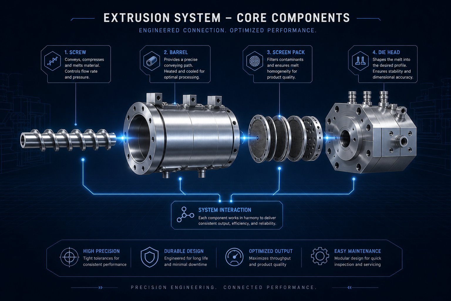 exploded view illustrating how extrusion machine parts interact as an interconnected system