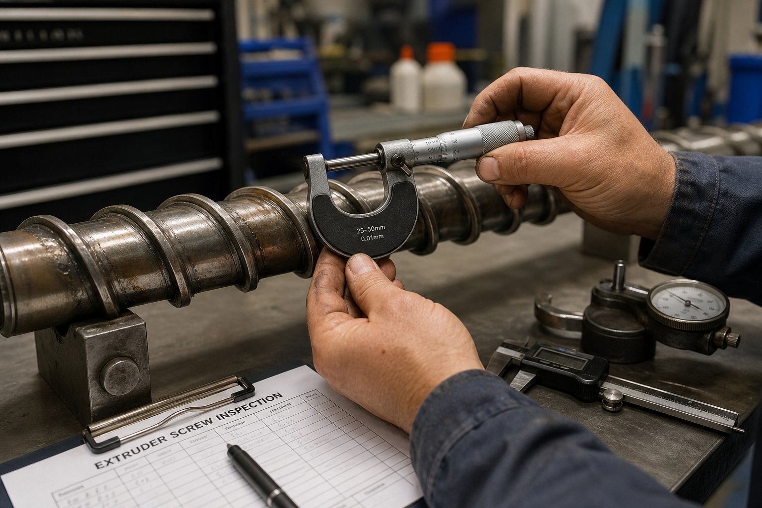 measuring extruder screw flight diameter with a micrometer during routine maintenance inspection