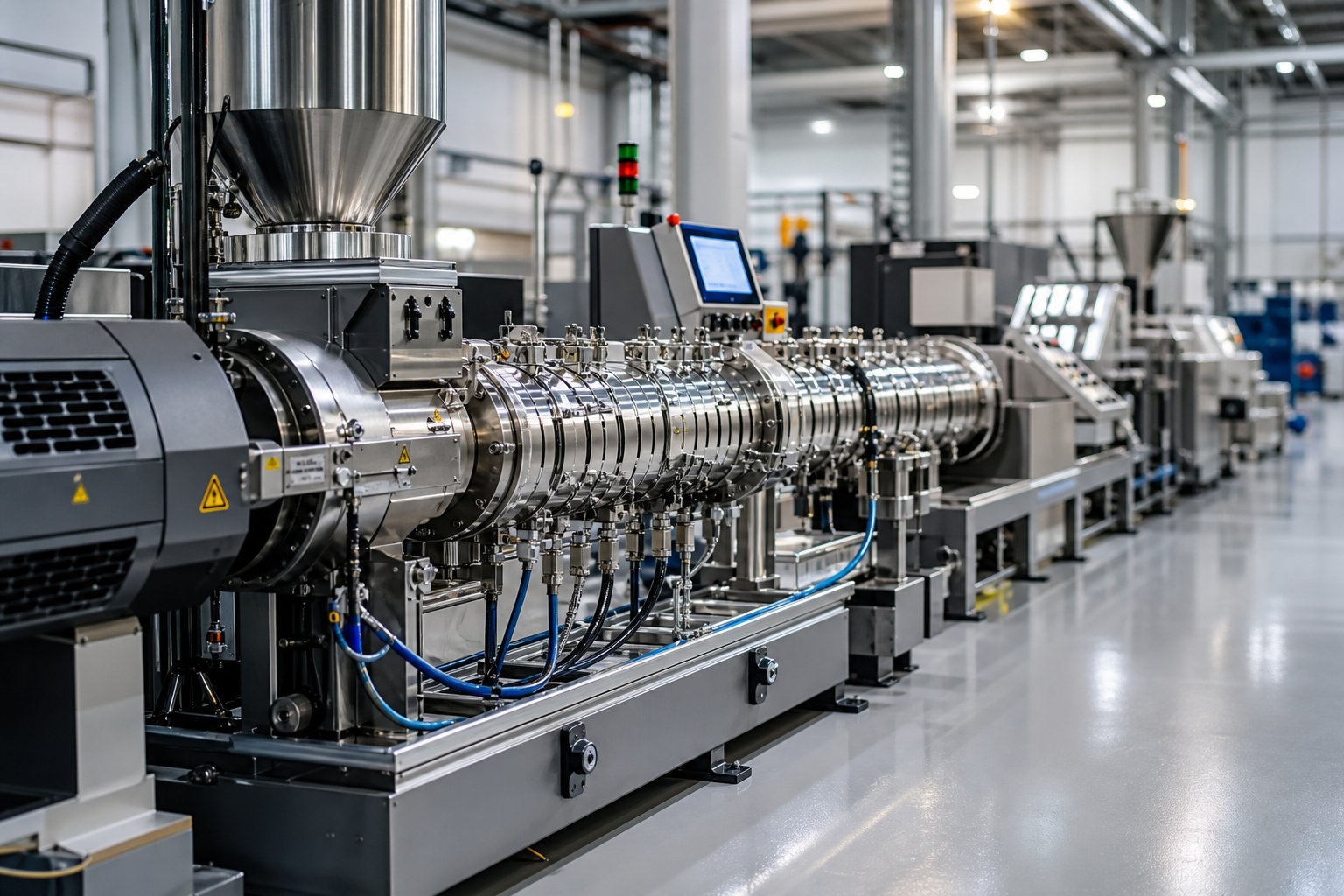 twin screw extrusion production line configured for polymer compounding and pelletizing operations