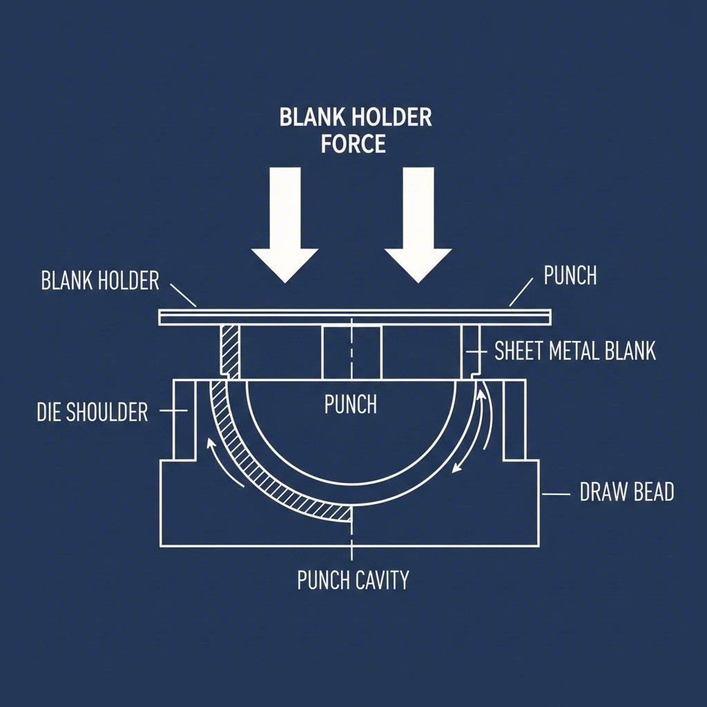 Diagram showing how blank holder force and draw beads control material flow to prevent wrinkling