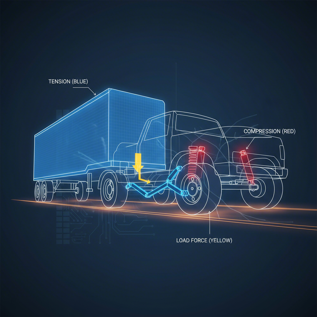 stylized diagram of suspension stress forces on a stamped steel control arm during towing