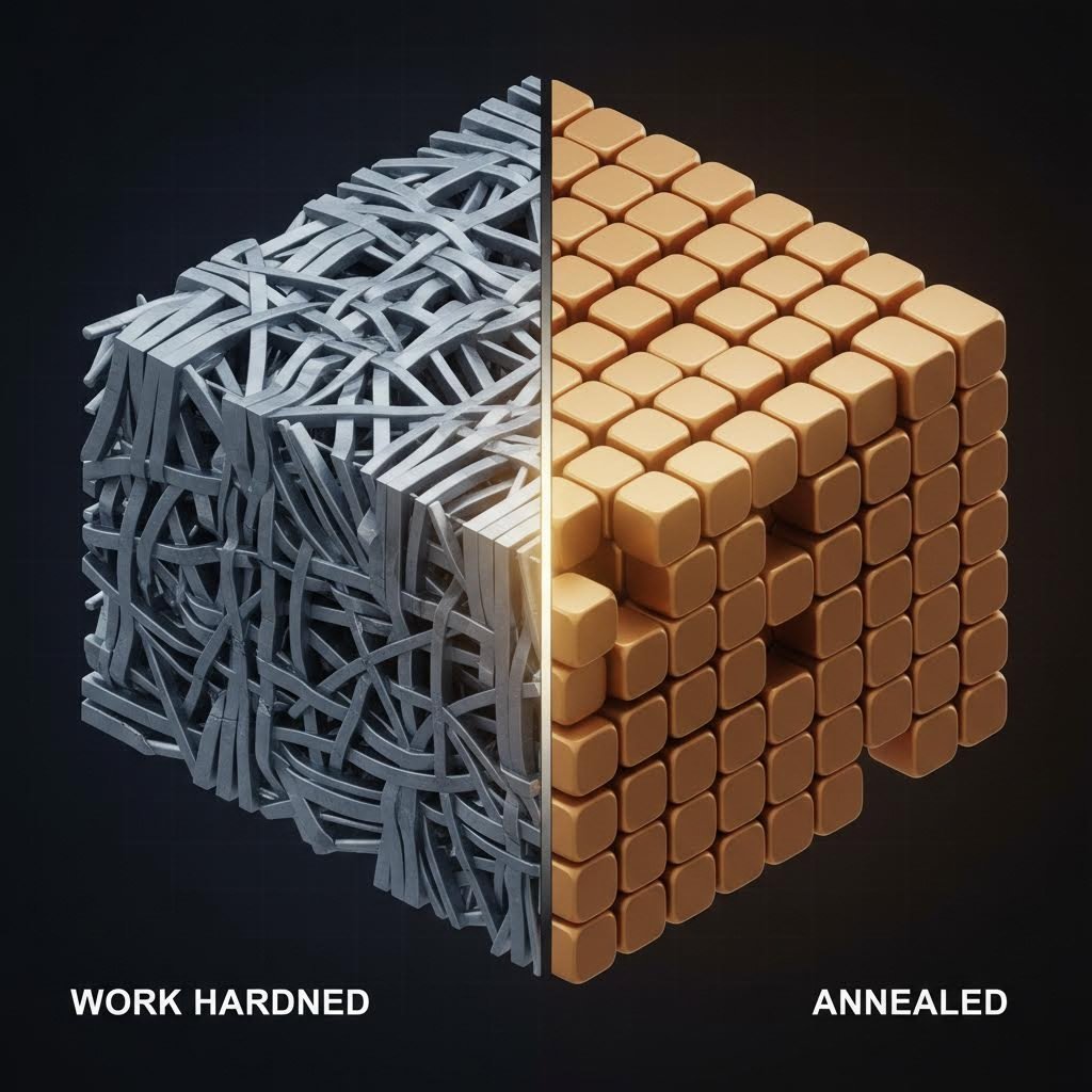 Comparison of metal grain structures before and after annealing