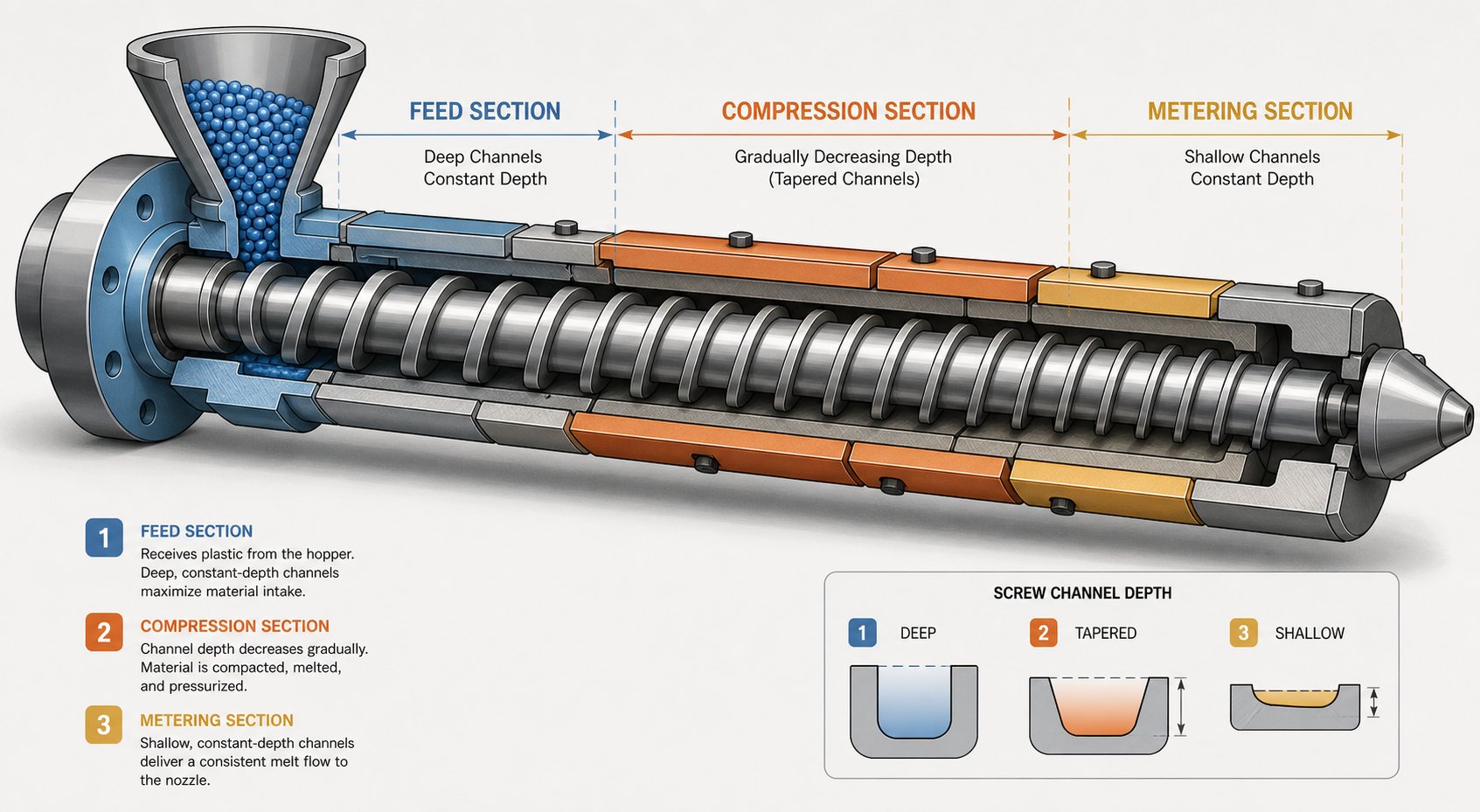 cutaway view of the three functional zones inside an injection molding screw barrel