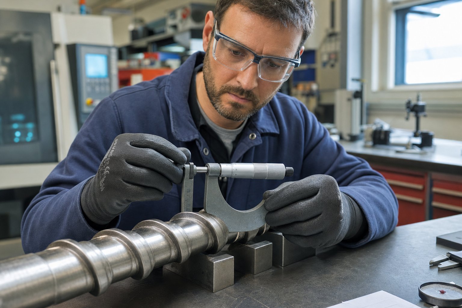 engineer measuring screw flight diameter during routine screw barrel inspection