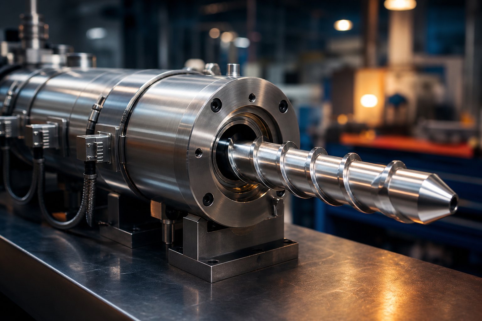 injection molding screw barrel assembly showing the helical flighted screw and heated cylindrical barrel